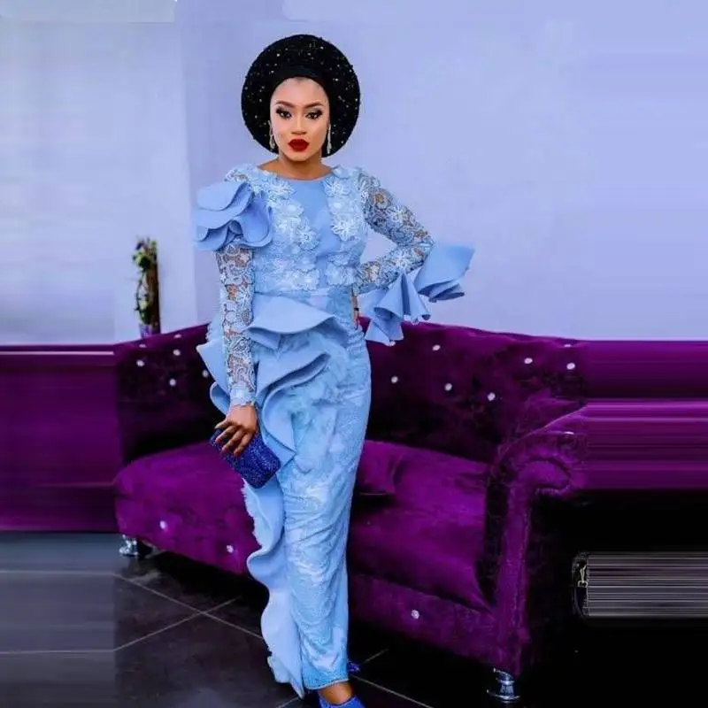 Beautiful Aso Ebi Gowns Light Blue Mermaid With Tiered Ruffles Lace Appliques Full Sleeves Nigerian Style Long Dresses