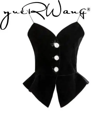 Getspring Women Vest Crop Top Diamond Velvet Top Ruffle Velour Crop Tops Women V-neck Vintage Sexy Short Tops Black 2021 Fashion