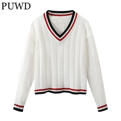 PUWD Sweet Girls V Neck Patchwork Knitted Pullovers 2022 Autumn Fashion Ladies Cotton Loose Sweaters Women Chic Knitwear Tops