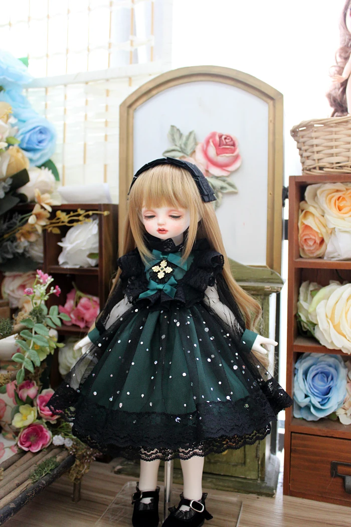 BJD doll dress for 1/31/41/6MSD  Blythes Fashion retro dark dress with dark green floral dress + hair accessories two-piece set