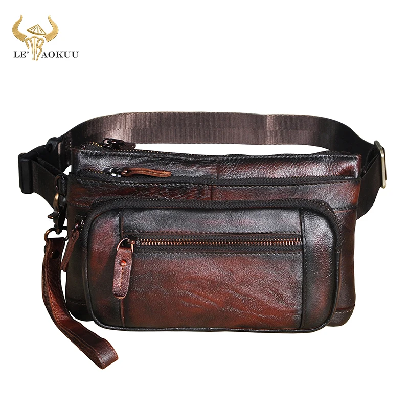 

New Genuine Leather men Casual Retro Wine Travel Fanny Waist Belt Bag Chest Pack Sling Bag Design 8" Tablet Phone Case Male 9801