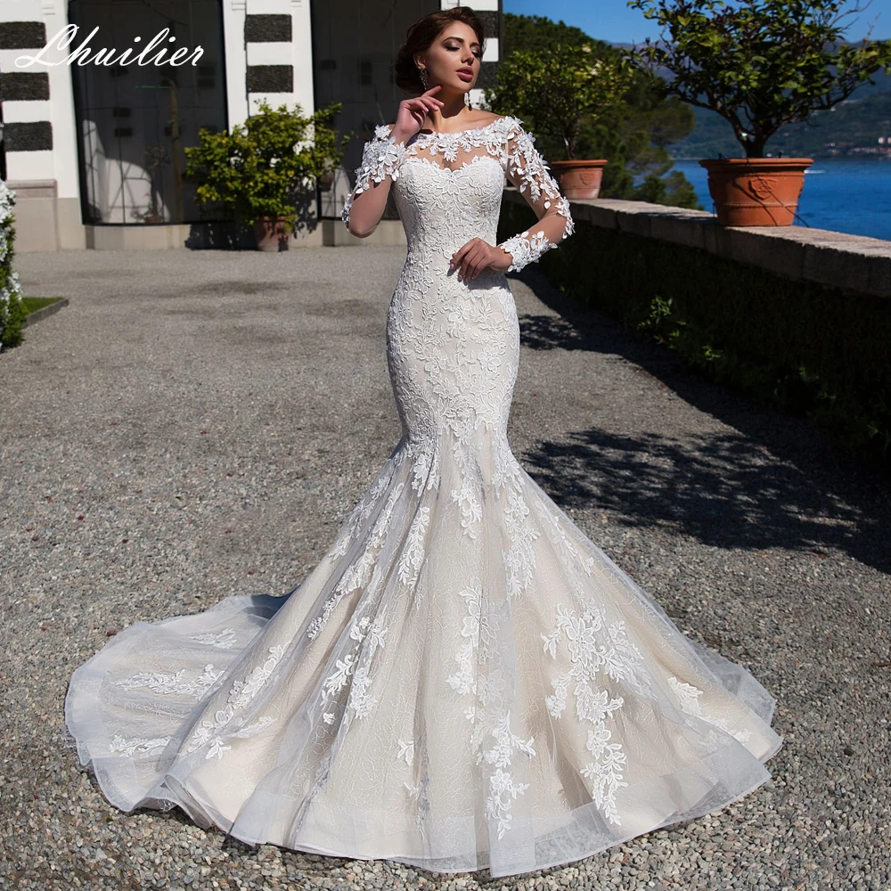 

Lhuilier Customized Lace Mermaid Wedding Dresses Boat Neck Full Sleeves Floor Length Bridal Gowns with Appliques
