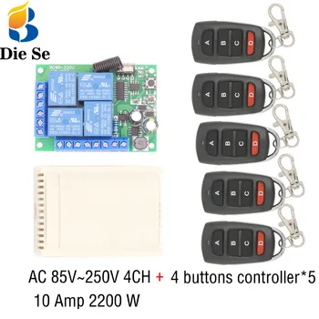 433MHz Universal Wireless Remote Control AC 110V 220V 10Amp 2200W 4CH Relay Receiver Module RF Switch for Gate Garage Opener