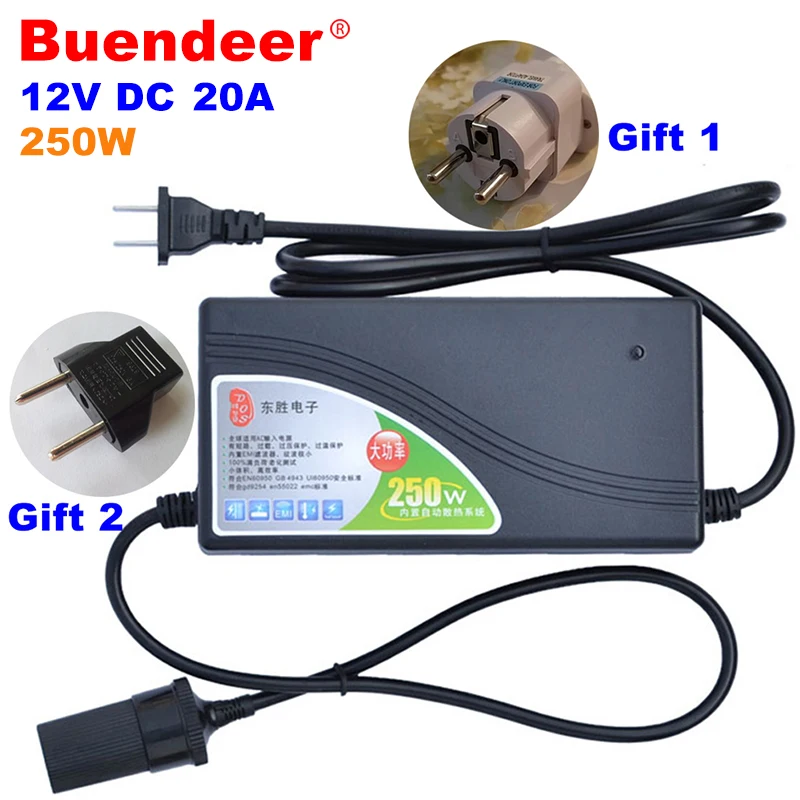 Buendeer 250W Power converter adapter 110/220V-240V AC input DC 12V 20A output Car Charge Socket Power Cigarette lighter Adapter