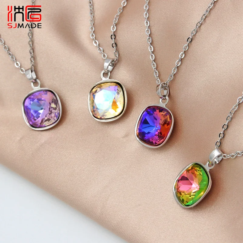 SHENJIANG New Trendy Square Crystal Pendant Necklace For Women Girls 585 Rose Gold Color Wedding Party Fashion Jewelry