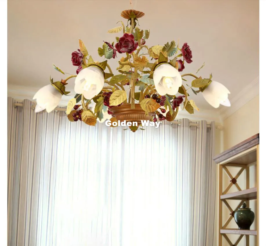 European Floral Design D70cm 6L Chandelier Lighting Glass Shade Rose Lamp Living Room Hanging Lights Dining Room Bedroom Lights