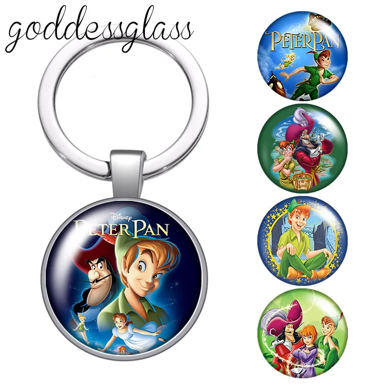 Disney Cartoon Peter Pan Adventure glass cabochon keychain Bag Car key chain Ring Holder Charms keychains gift