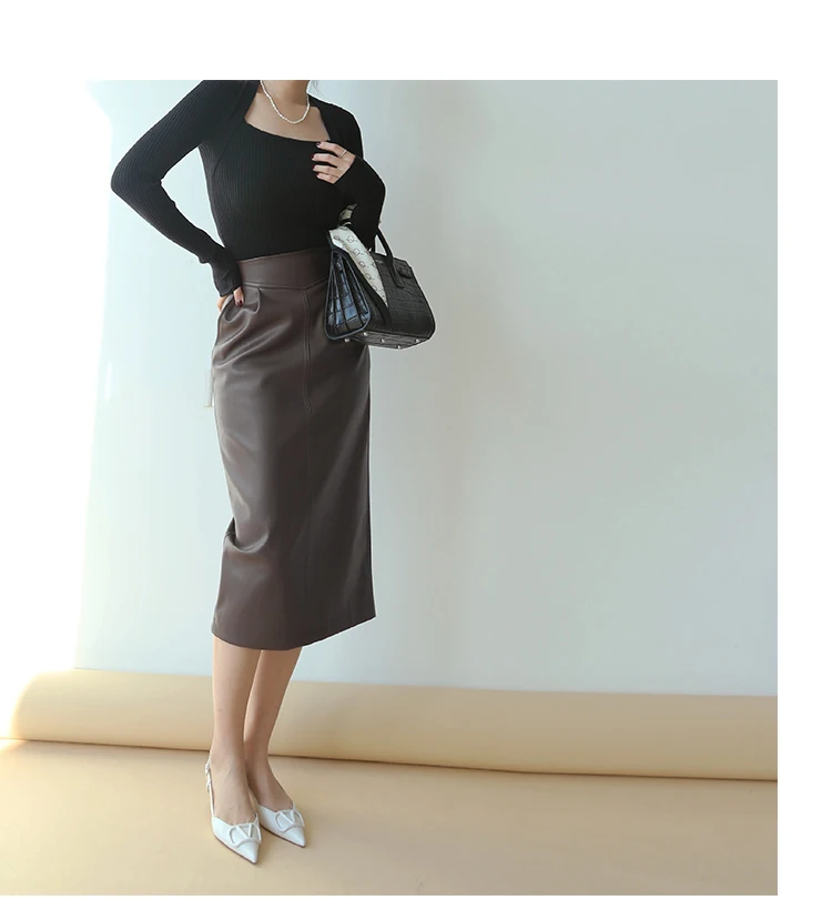 Nerazzurri Spring Midi Pu Leather Skirt Women Brown White Black Long High Waisted Pencil Skirts for Women 2023 Side Slit Zipper 14 Hed6090ba8c44404b808b6117ba60a18aD