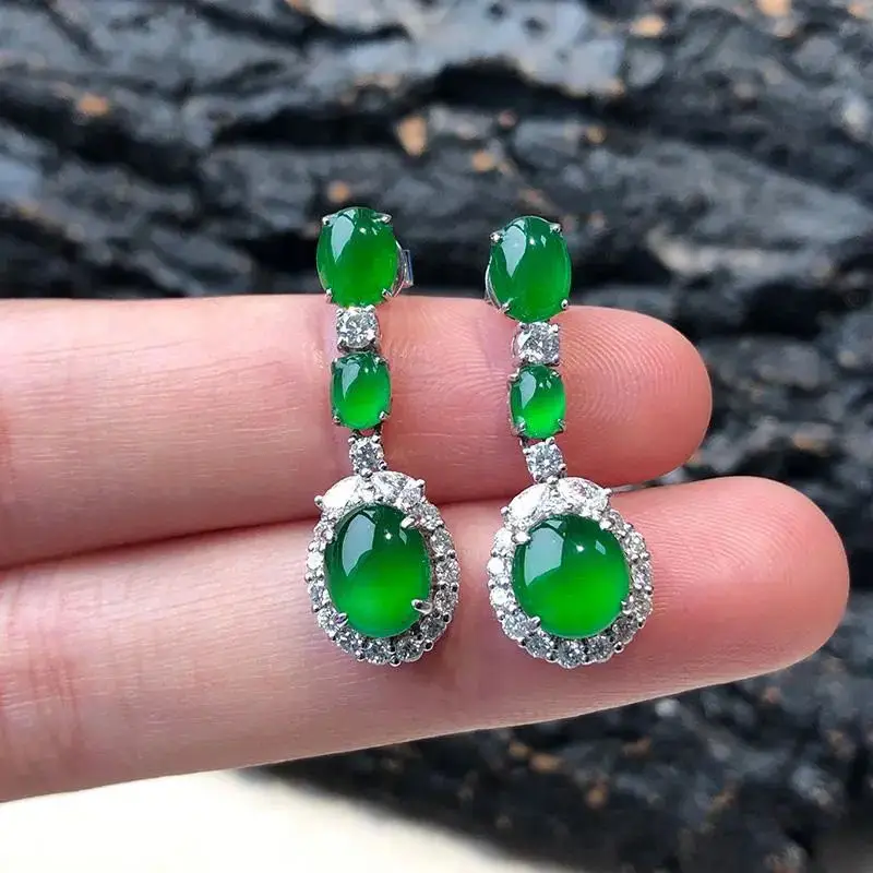 Natural Hetian Jasper Jadeite Oval Diamond Long Earrings Light Luxury Retro Charm Lady Chinese Style Silver Jewelry