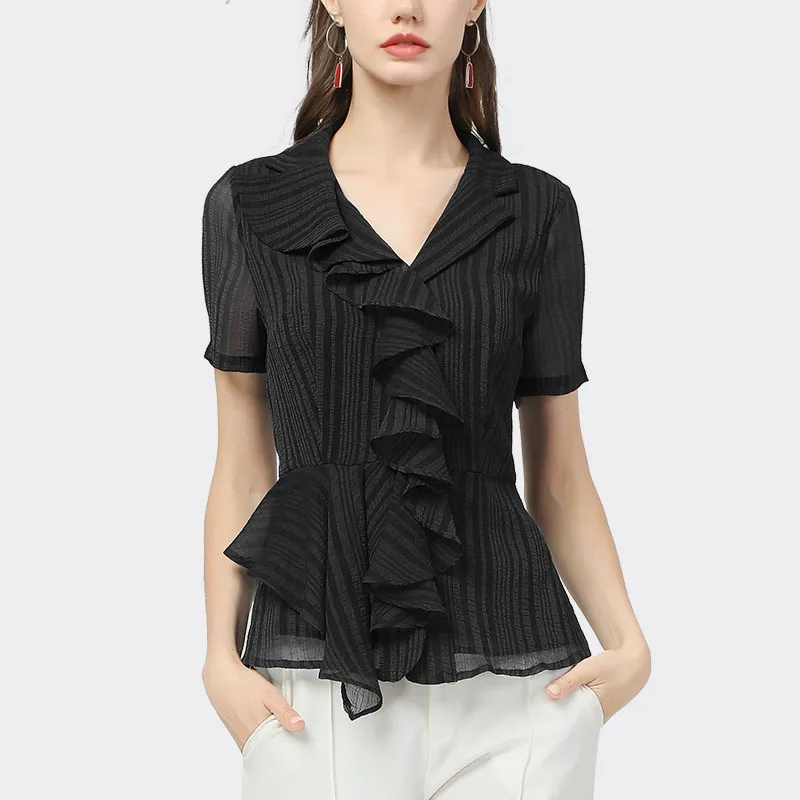 Chiffon Blouse Female Women Short Sleeve Tops V-Neck Ruffles Striped Shirt Elegant Fitted Waist Slimming 2021 Summer New