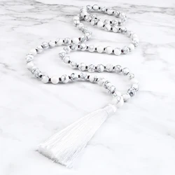 White Howlite Beaded Knotted JapaMala Necklaces Women 6/8mm Natural Stone Tassel Necklace Men Handmade Yoga Meditation Jewelry