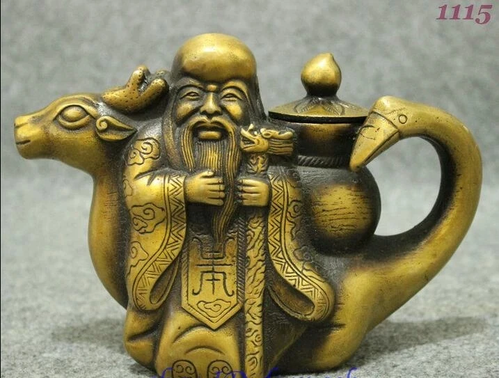 

Folk Chinese Longevity Star God Ride Deer Crane Statue Wine Pot Teapot