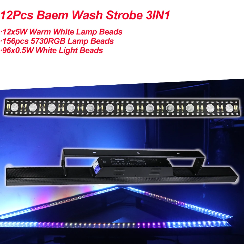 12Pcs Baem Wash Strobe 3IN1 Wall Washer Light Indoor Music DJ LED Pixel Bar Light DMX512 RGBW For Wedding Party Disco