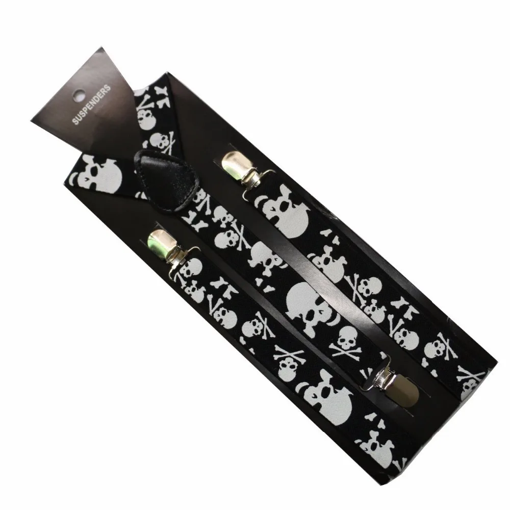 Winfox Hot Sale Black Adjustable Clips On Braces Hip Hop Skull Printed Elastic Suspenders For Women Men