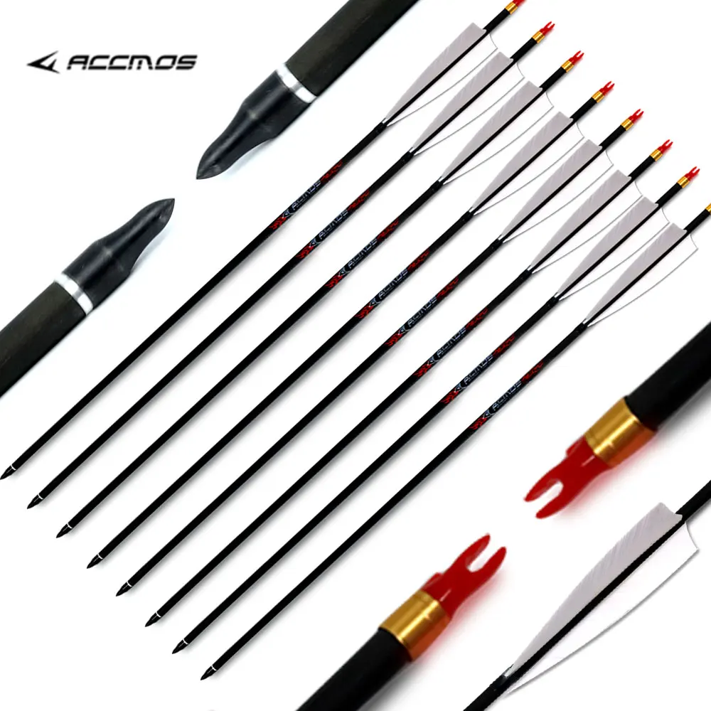 6/12pcs Real Feather Spine  ID 6.2mm 300 400 500 600 700 800 with 5 Inches White Turkey Feather  Carbon Arrow for Shooting