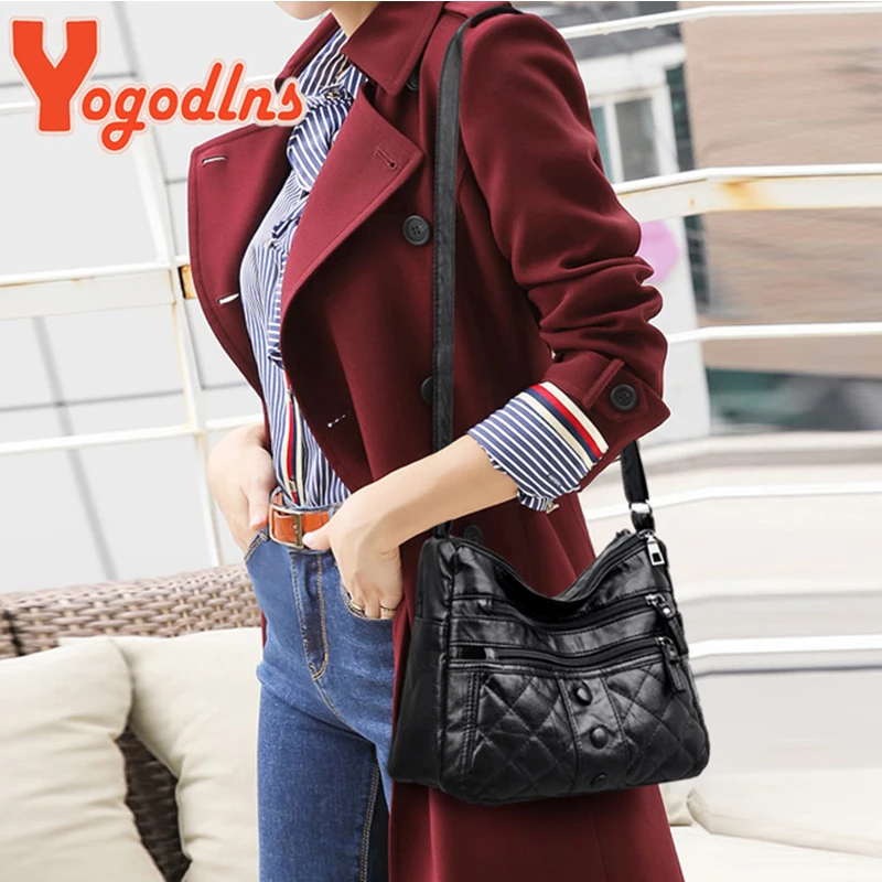 Yogodlns Vintage Soft Leather Shoulder Bag Female Large Capacity Crossbody Bag Fashion Rhombic Messenger Handbag Luxury Mom Bag