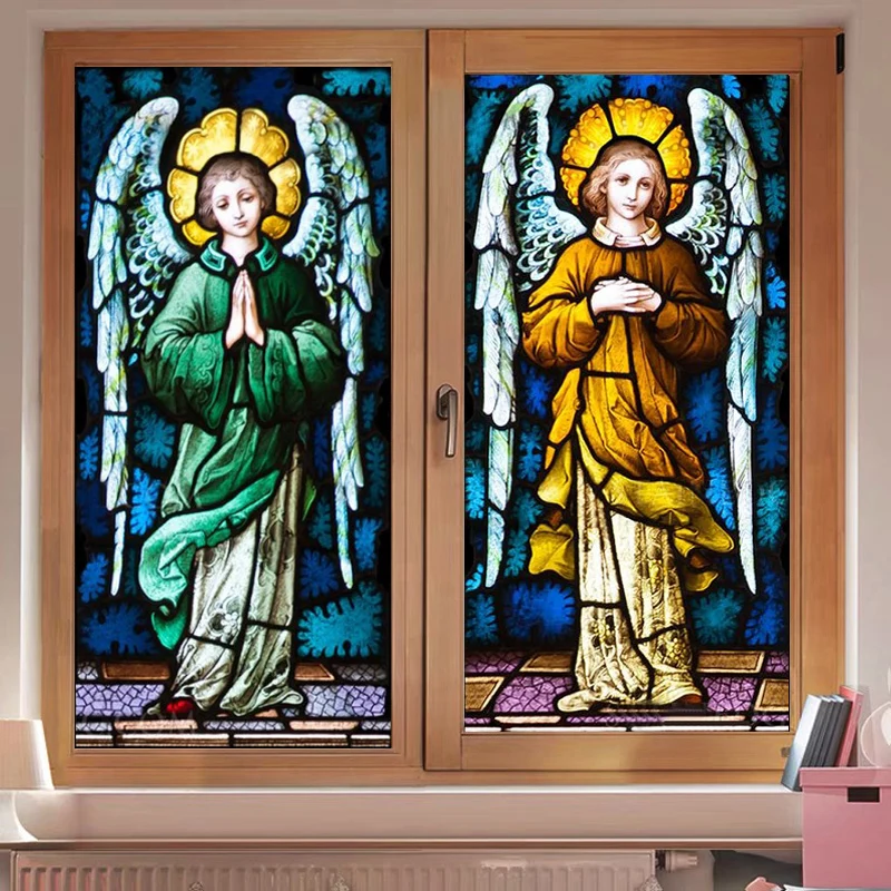 Frosted Stained Glass Window Film, Customized Church Angel Picture,Static Cling, Remove Sticker for House Worship, Home Decor