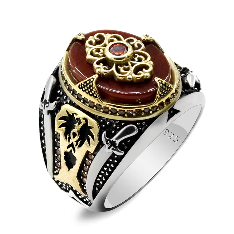 Genuine New Product Printed Natural Red Agate 925 Silver Men's Ring Middle East Machete Coconut Tree Retro Turkish Ring Jewelry