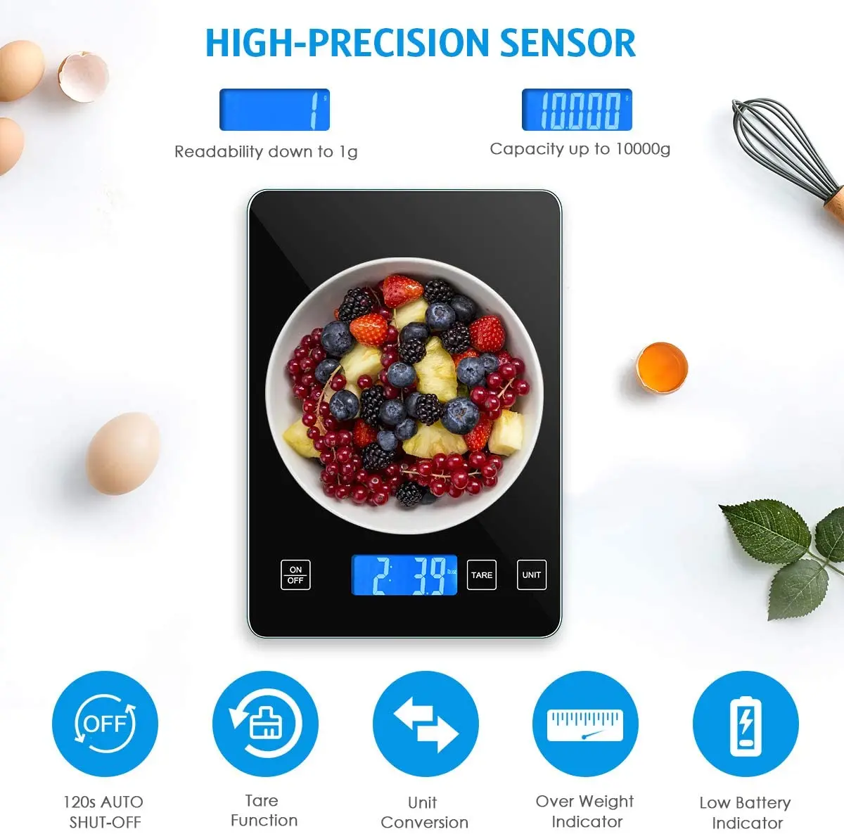 Digital Kitchen Scale 1g-10kg  Food Scale Waterproof Tempered Glass Platform High Accuracy Multi-Function Scale