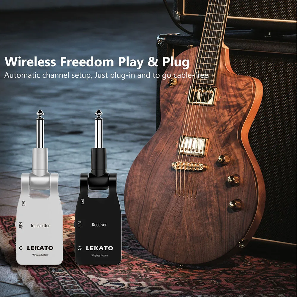 LEKATO WS-10 무선 기타 송신기 수신기, 충전식 6 채널, 30m 전송 범위, 무선 오디오 기타, 2.4G