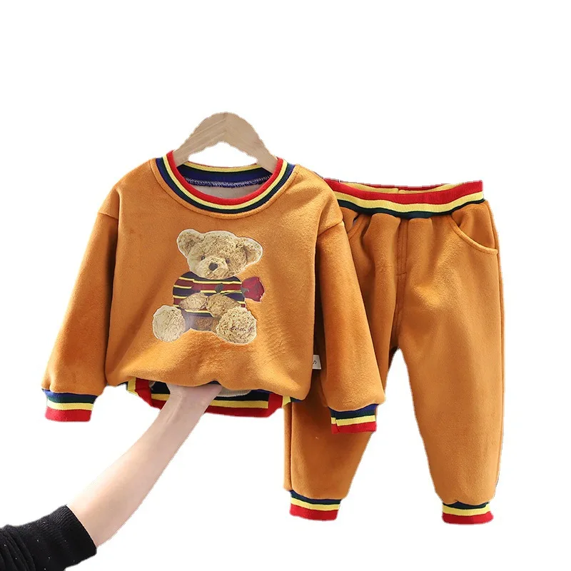 

2024 Autumn Winter Children's Clothing Boys Girls Cartoon Bear Plus Velvet 2-Piece Long-Sleeved 1-5T child Clothing sports Suit