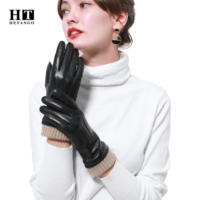 New Winter Women's Gloves High-Grade Sheepskin Fashion Wave Pattern Design Warm Soft Genuine Leather Cold-Proof Gloves