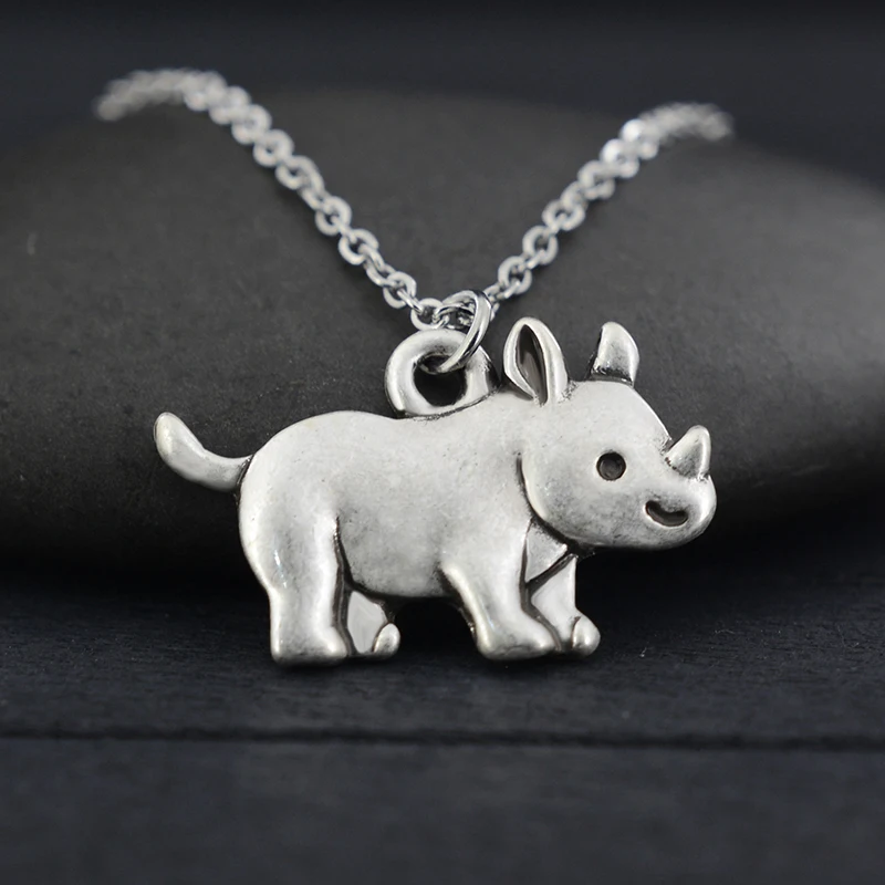 Vintage Silver Color Cute Rhino Pendant & Necklaces Boho Retro Style Animal Charms Long  Chain Necklaces For Women Men Jewelry