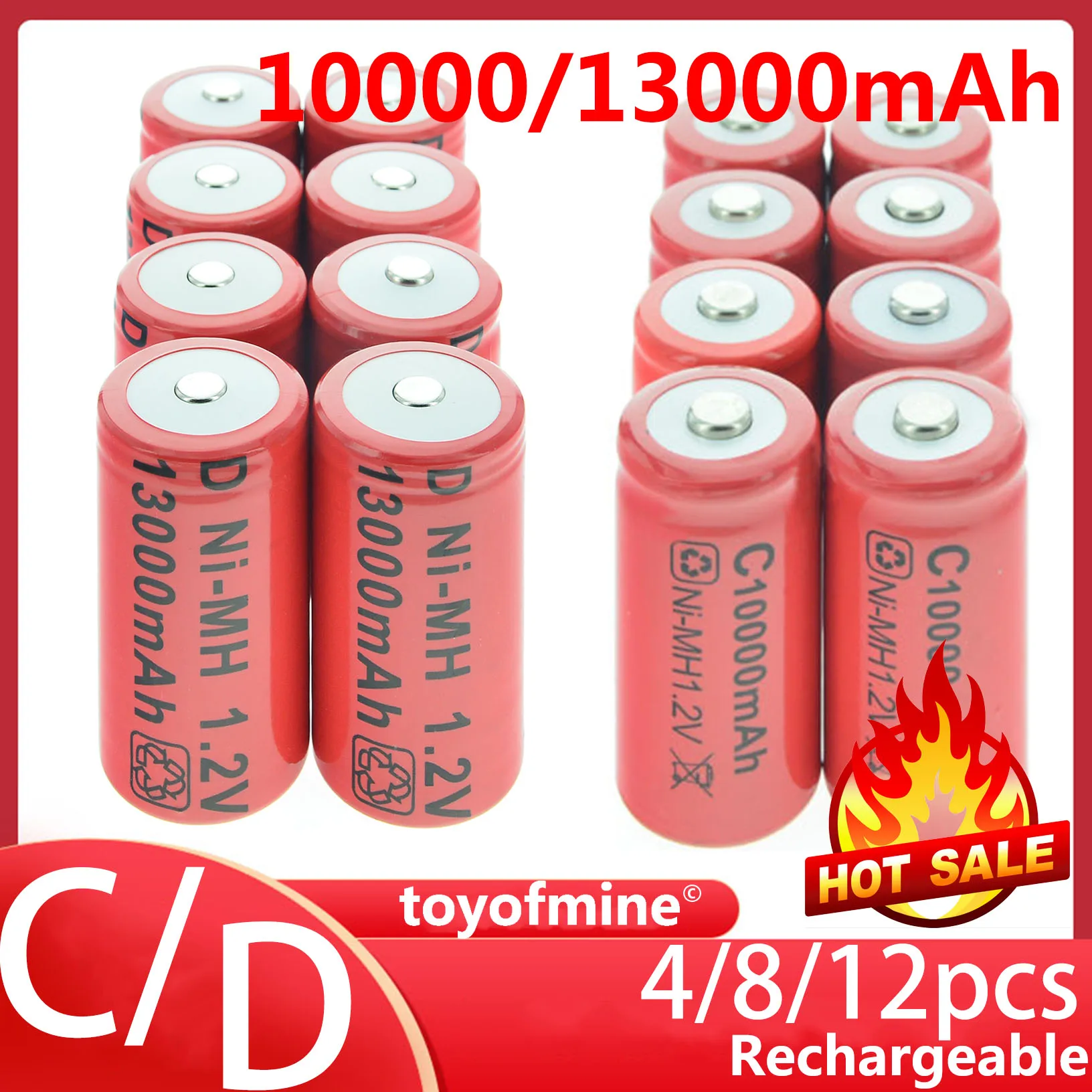 4/8/12pcs C size 10000 mAh + 4/8/12pcs Dsize 13000 mAh  Rechargeable Batteries 1.2v NI-MH Size NI-MH  C/D size rechargeable