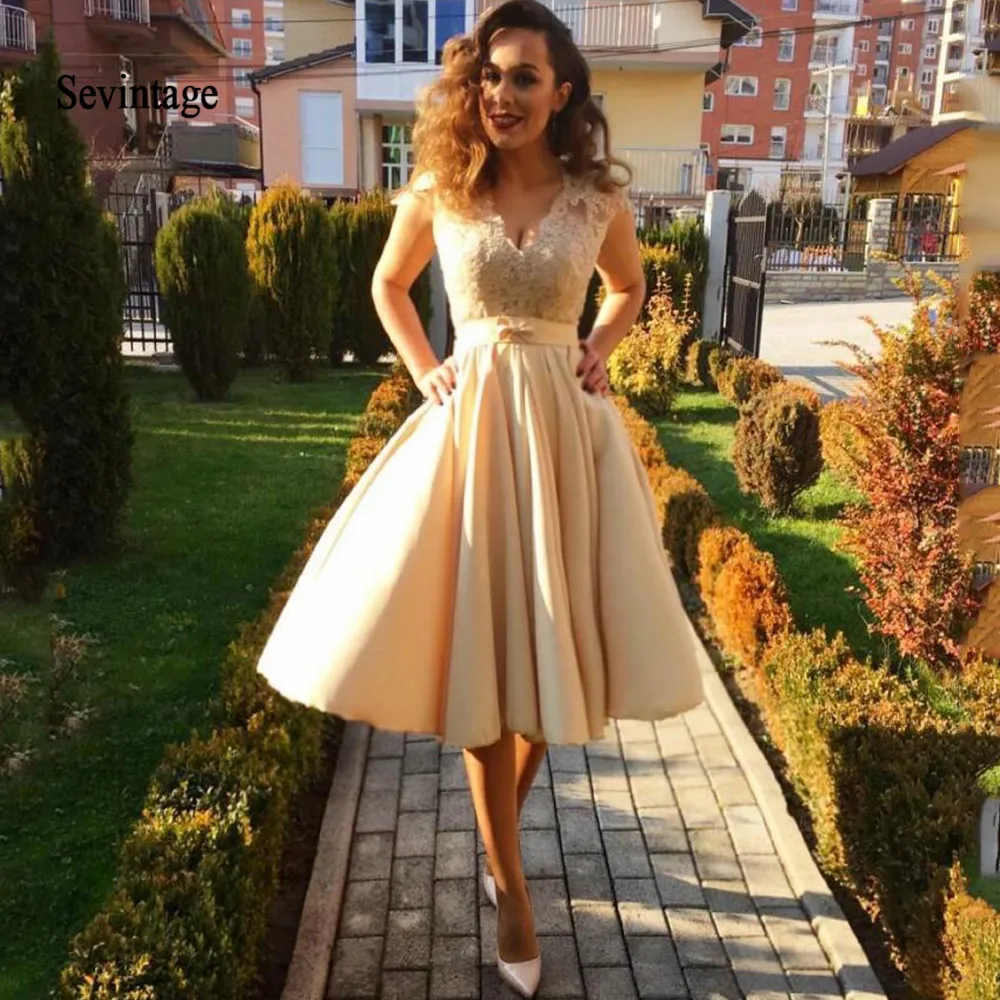 

Женское коктейльное платье Sevintage, короткое Кружевное платье до колена с v-образным вырезом и рукавом-крылышком, вечерние платья для выпускного вечера