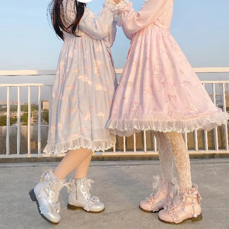 Vintage رئيس مستديرة الدانتيل كشكش bowknot kawaii الأحذية أفخم الدفء النساء أحذية loli تأثيري الشتاء الحلو لوليتا الأحذية