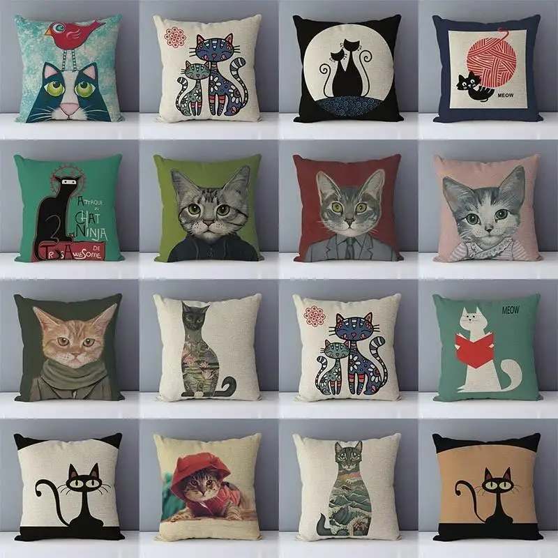 Selected Couch cushion Cartoon cat printed quality cotton linen home decorative pillows kids bedroom Decor pillowcase wholesale