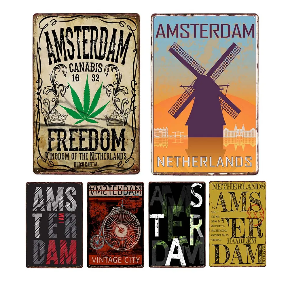 Niederlande Amsterdam Stadt Gebäude Zeichen Poster Metallplatte Retro Dekoration Bar Club Wand kunst Zinn Malerei Wohnkultur 20x30 cm