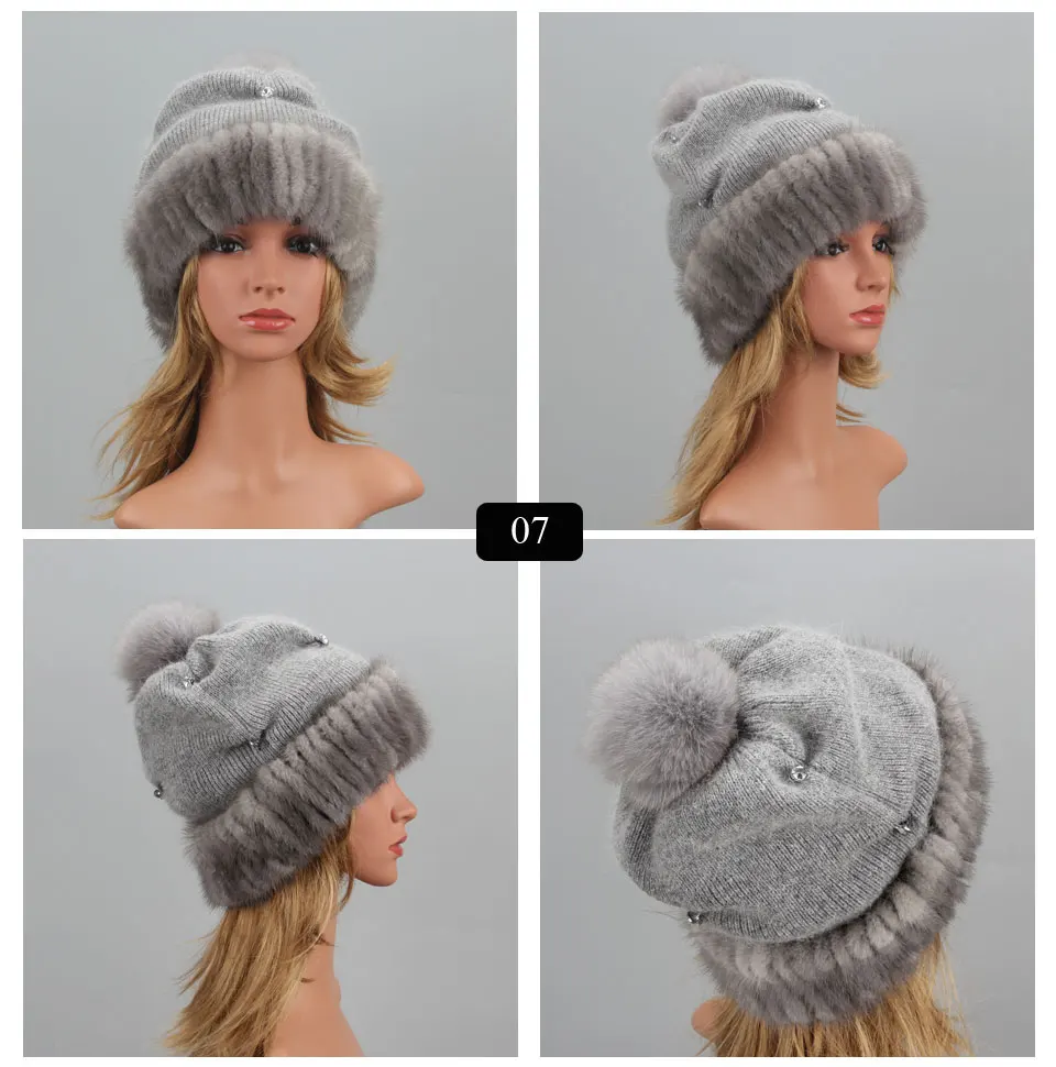 Mode Gestrickte Damen Echt Nerz Pelz Mützen Kappe Winter frauen hut Warme Natürliche Nerz Pelz Hüte Elastische Luxus Weibliche pelz Hut – Detail 8