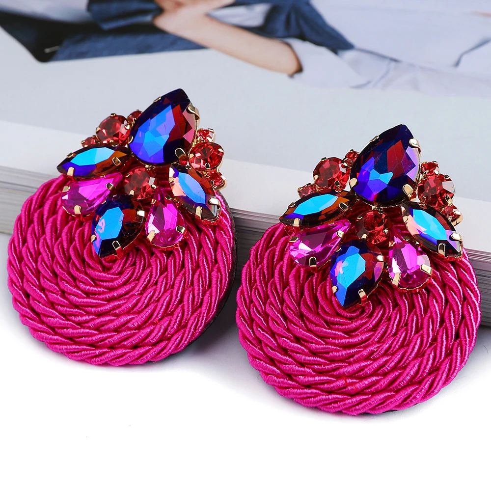 Fashion Cotton Rope Weave Round Luxury Big Stud Earrings Trend Geometric Crystal Vintage Ear Accessories Cottagecore Jewelry