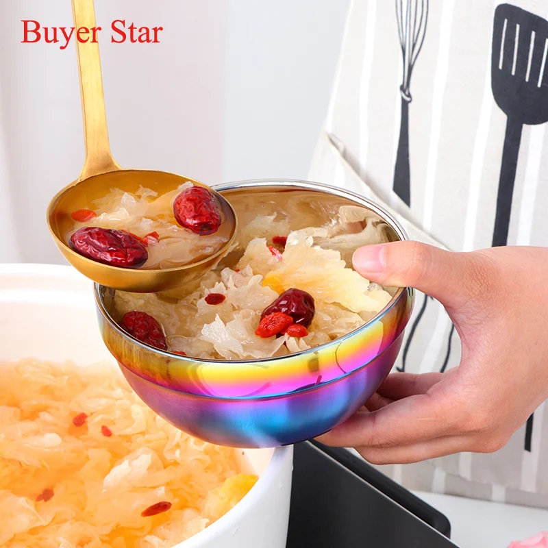 1/4PCS Stainless Steel Gold Round Bowl Rice Soup Double Hot Insulation Container Bowl Kitchen Tableware for Adult Children