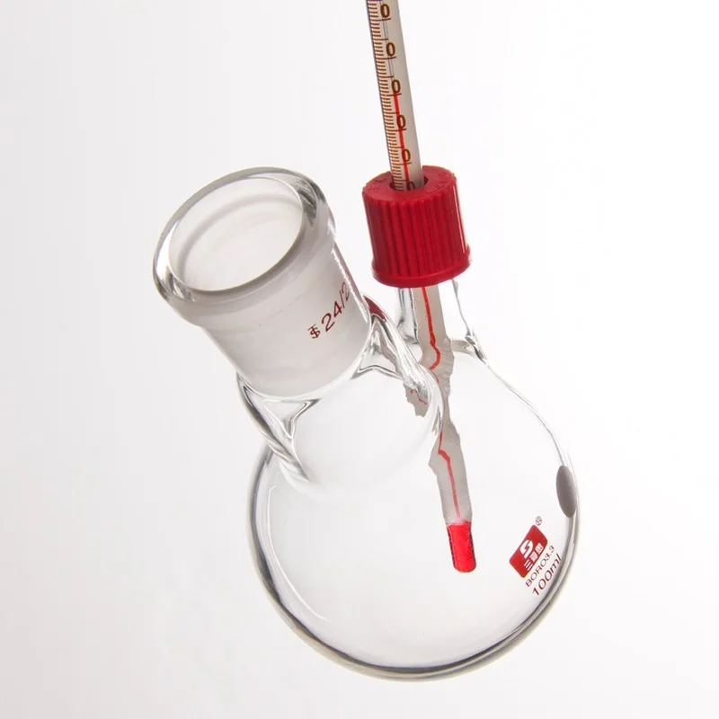 Inclined Two Port Flask, Round Bottom Reaction Bottle, Threaded Two Port Spherical Bottle, Screw Can Insert Thermometer