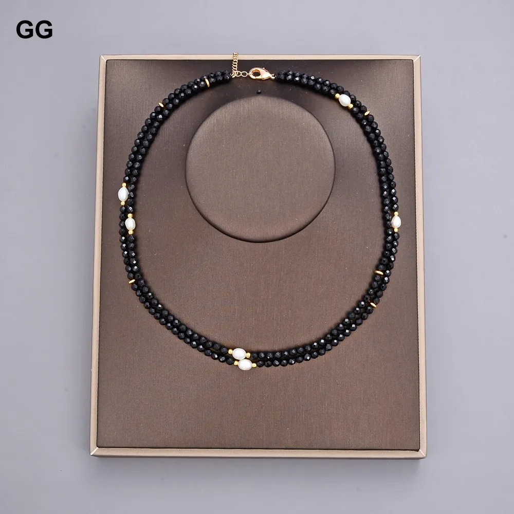 GG 2 Rows Natural Faceted Round Black Onyx Cultured White Rice Pearl Choker Necklace 17\