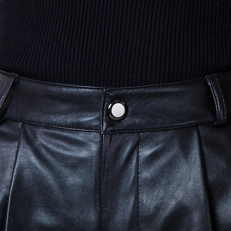 Qualità Elegante Delle Signore Del Cuoio Genuino di Alta Vita shorts Femminile Della Chiusura Lampo Del Partito Nero Punk Pantaloni a Gamba Larga Più Il Formato M-3XL