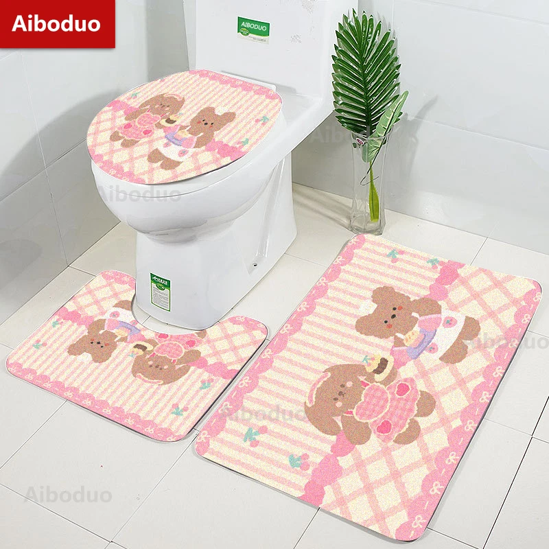 

Aiboduo Cartoon Bear Non Slip 40*60/50*80cm 3pcs/set Toilet Lid Cover Set Pink Restroom Rug Cute Home Decoration BathMat Carpet