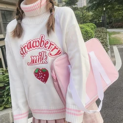 Damskie japoński Kawaii Ulzzang słodkie truskawki luźny golf sweter kobiet koreański odzież w stylu Harajuku dla kobiet