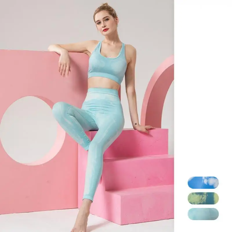 

Summer Women's Sportswear Suit Sexy Navel Bare Tie Dye Moisture Wicking Yoga Fitness Jogging Sports Suit 2-piece Set