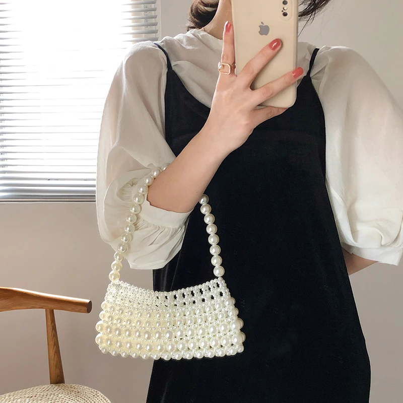 Luxury Brand Hand-woven Pearl Bags Lady Beaded Shoulder Bag Women Party Vintage Handbag Ins Small Bag Cross body Bag