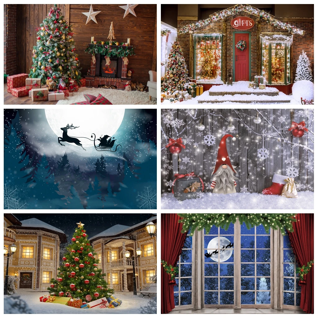 Laeacco-Fondo de foto de Navidad, ventana falsa, paisaje de bosque de invierno, luna de Santa, fondo fotográfico para estudio fotográfico