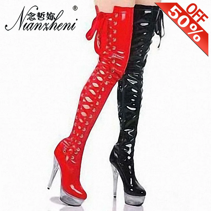 Exotic Dancer Over The Knee Boots Pole Dance Shoes 15CM High Heel Thick Long 6 Inch Lace Up french bulldog Motorcycle Big Size