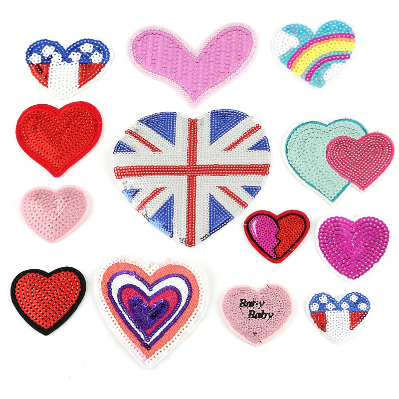 50pcs/Lot Sequin Anime Love Heart Flag Embroidery Patch Shirt Bag Dress Clothing Decoration Accessory Craft Diy Applique