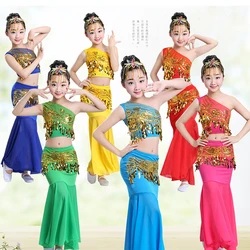 100-160CM Belly Dance Children's Day Women Shoulder Off Girl Cosplay Stage Sequin Oriental Costumes for Kids Skirts Tail Fish