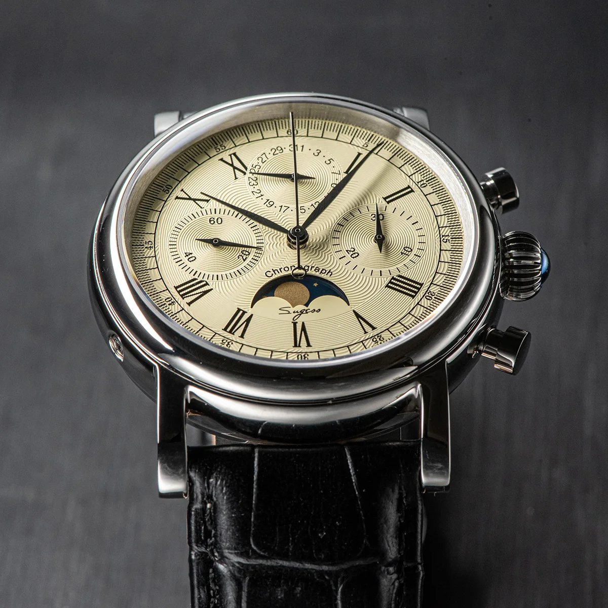 Sugess Pilot Chronograph Mechanical Watches Men Waterproof Original ST1908 Movement Moon Phase Calendar Wristwatch Swanneck 2022