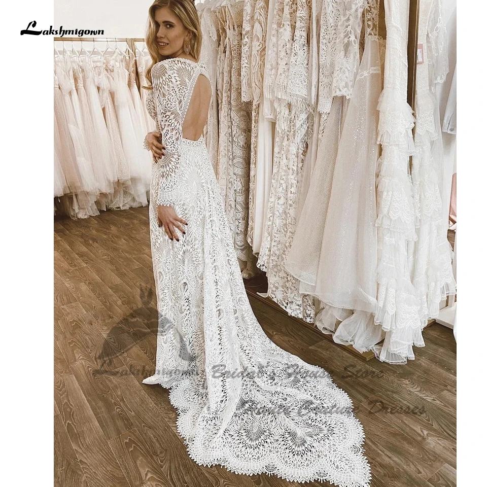 Lakshmigown Luxury Boho Lace Mermaid Wedding Dress Long Sleeve 2022 Sexy Women Bridal Beach Wedding Gowns Backless Robe Mariee