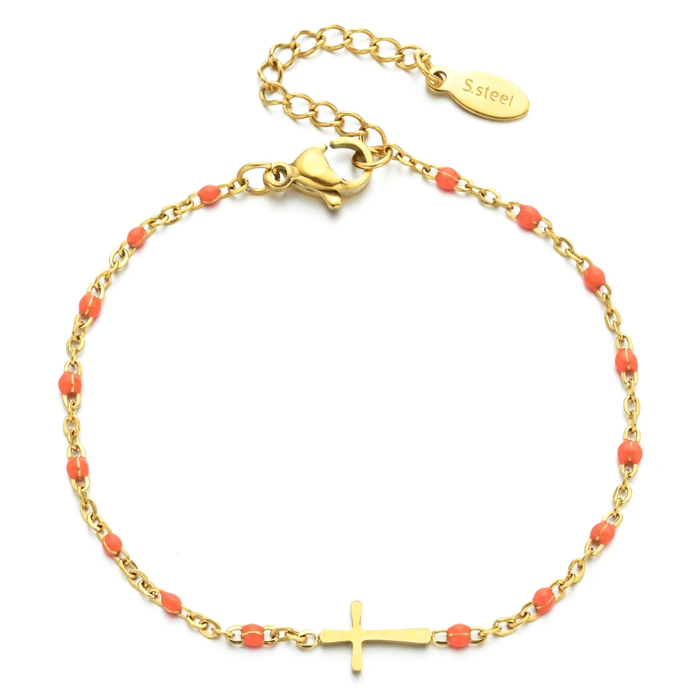 ZMZY Mädchen Boho Dünne Kette Edelstahl Armbänder Für Frauen Gold Farbe Pfirsich Rosa Kreuz Charme Schönes Geschenk – Detail 3