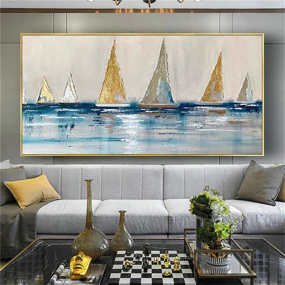 

100% Handpainted Oil Painting Golden Canvas Poster Modern Yellow Sailboat And Blue Ocean Wall Art Image Decor Home Living Room